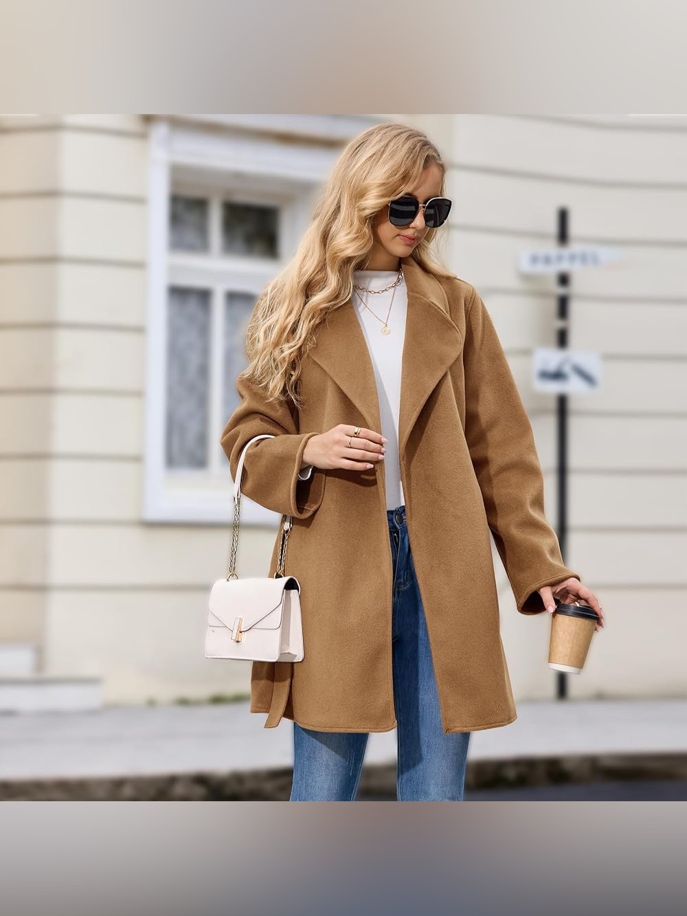 Women’s Tan Shoulder Long Coat 
 (Chain Strap)